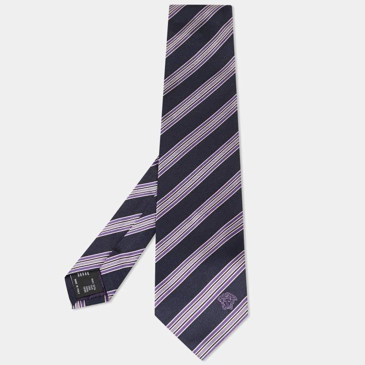 Pre Owned Versace Navy Blue Diagonal Striped Silk Tie