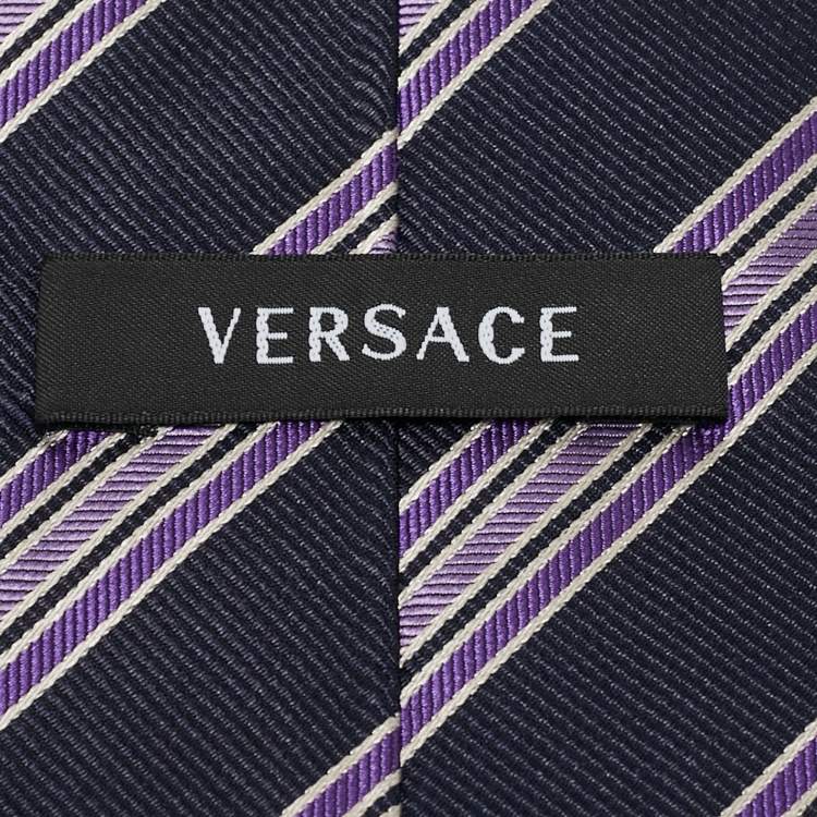 Pre Owned Versace Navy Blue Diagonal Striped Silk Tie