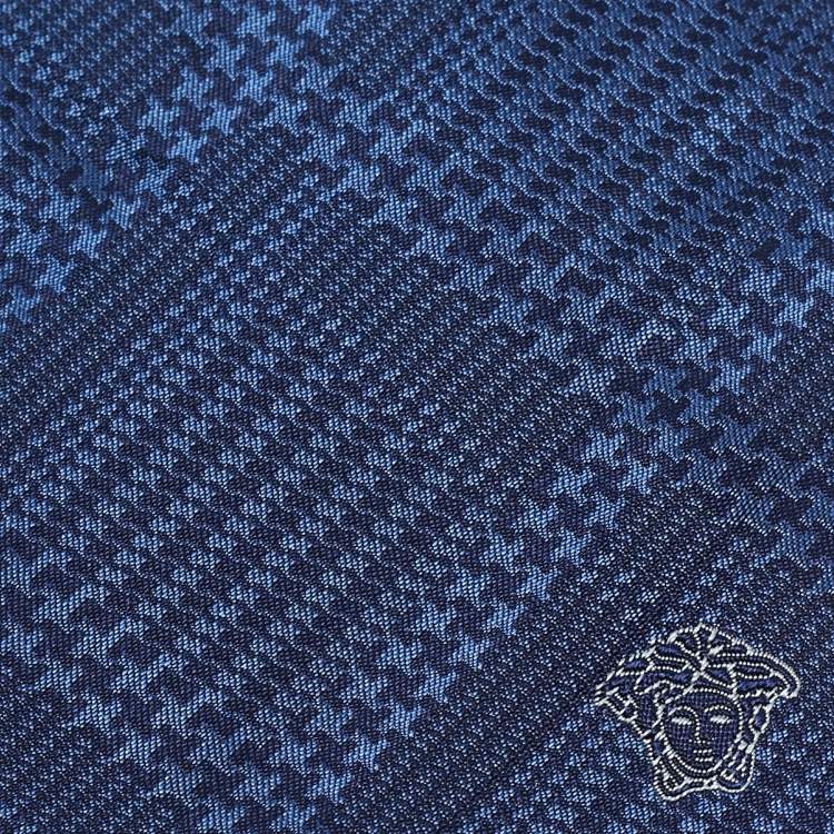 Pre Owned Versace Blue Diagonal Check Patterned Silk Tie 