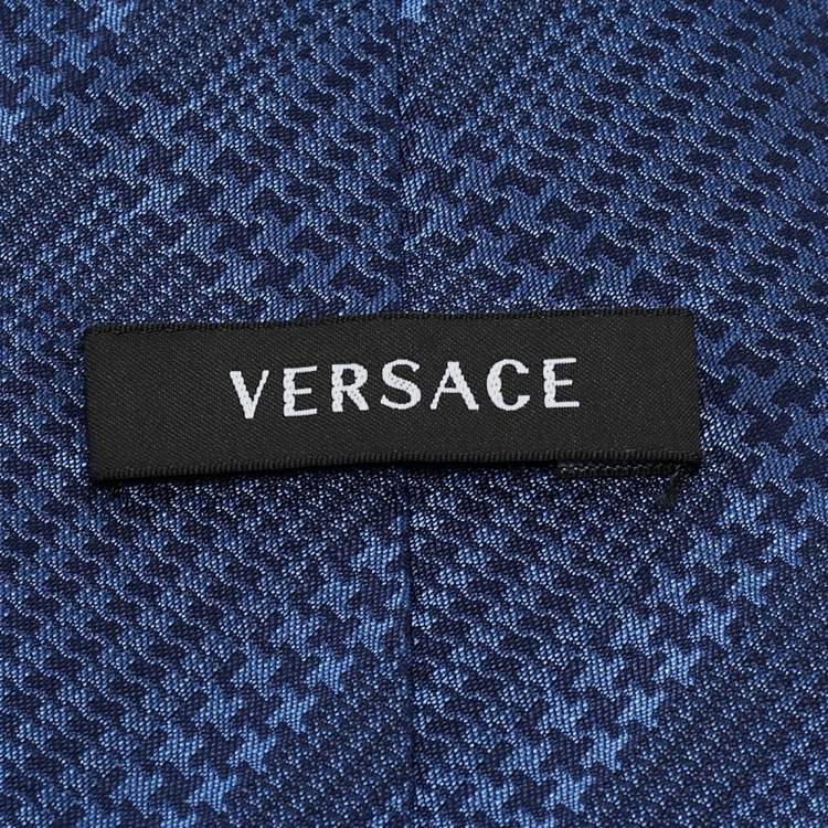 Pre Owned Versace Blue Diagonal Check Patterned Silk Tie 