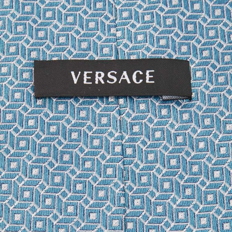 Pre Owned Versace Blue Geometric Pattern Jacquard Silk Tie