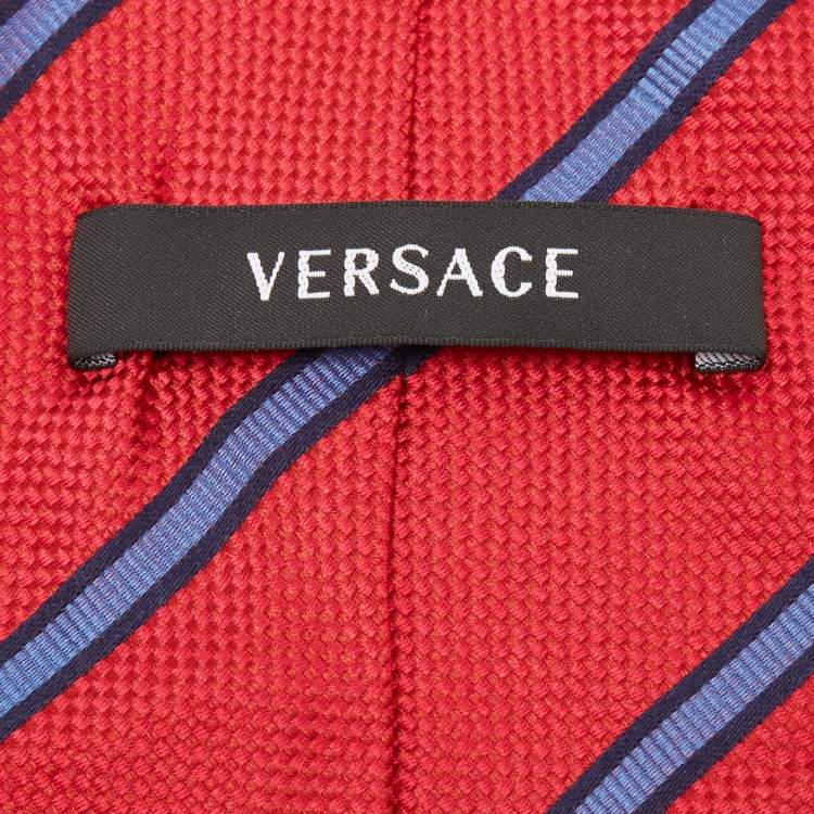 Pre Owned Versace Red/Blue Diagonal Striped Silk Tie