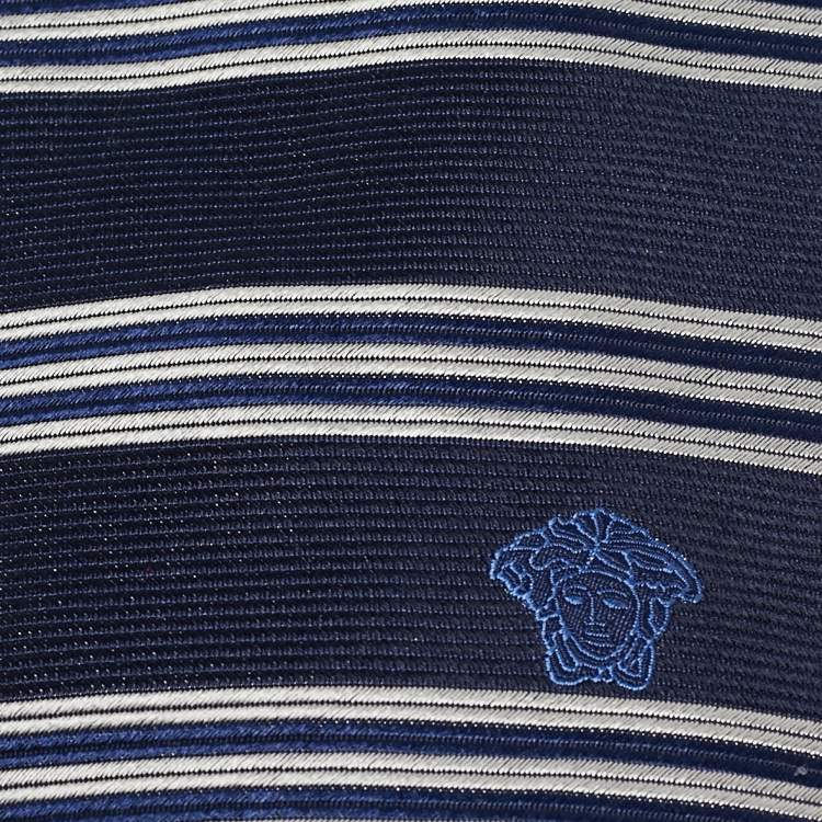Pre Owned Versace Navy Blue Striped Silk Tie