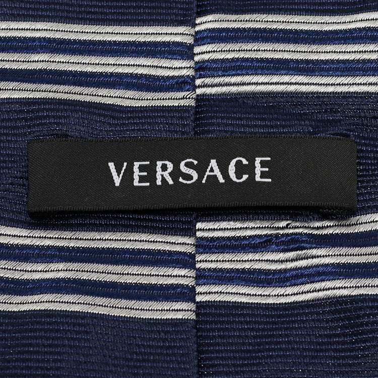 Pre Owned Versace Navy Blue Striped Silk Tie