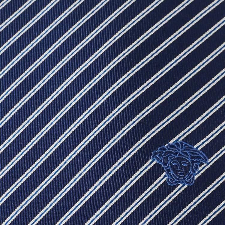 Pre Owned Versace Dark Blue Contrast Diagonal Striped Silk Tie