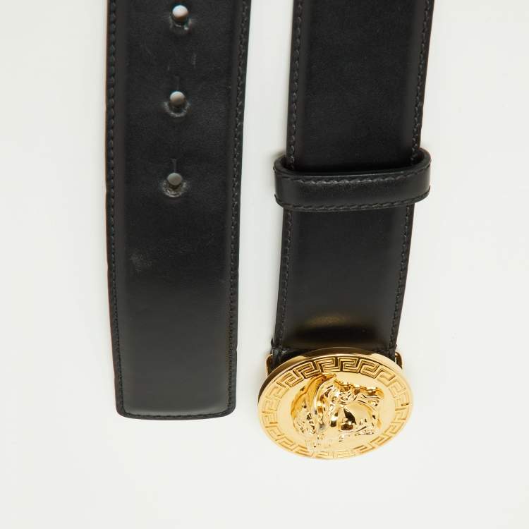 Pre Owned Versace Black Leather Medussa Head Buckle Belt 95CM