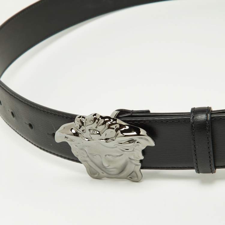 Pre Owned Versace Black Leather Medussa Head Buckle Belt 105CM
