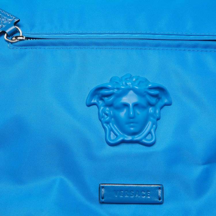 Pre Owned Versace Blue Nylon La Medusa Flap Messenger Bag