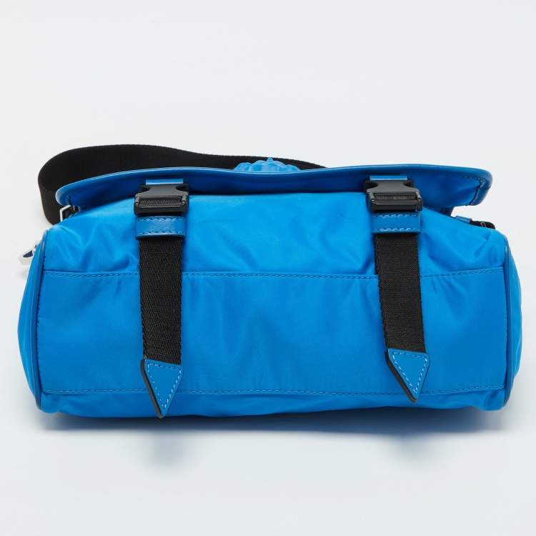 Pre Owned Versace Blue Nylon La Medusa Flap Messenger Bag