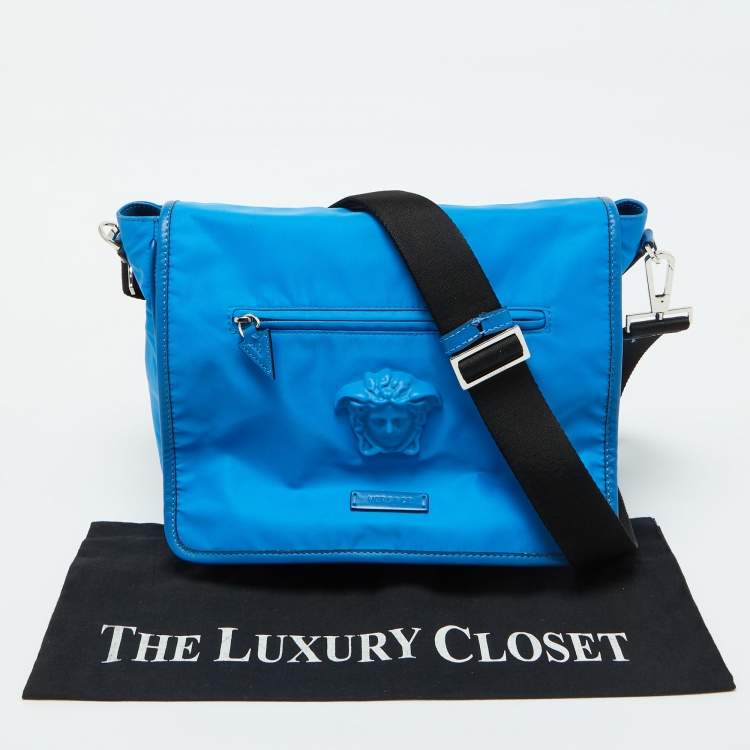 Pre Owned Versace Blue Nylon La Medusa Flap Messenger Bag