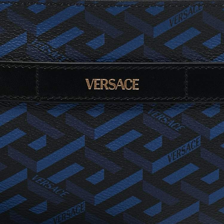 Pre Owned Versace Blue/Black La Greca Printed Coated Canvas and Leather Wristlet Pouch