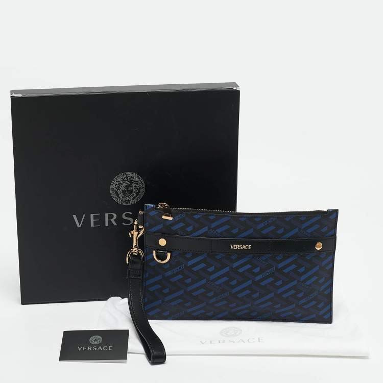 Pre Owned Versace Blue/Black La Greca Printed Coated Canvas and Leather Wristlet Pouch