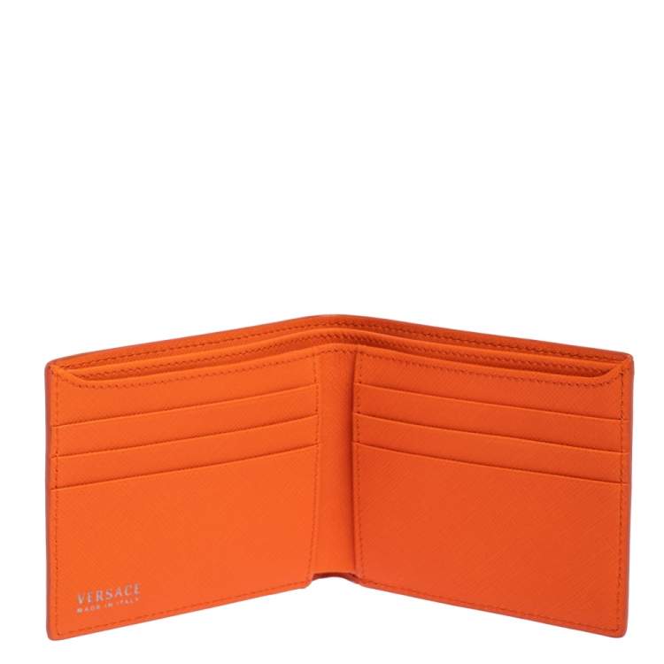 Pre Owned Versace Neon Orange Leather Bifold Wallet
