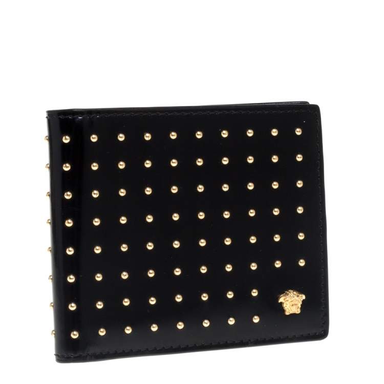 Pre Owned Versace Black Studded Patent Leather Medusa Bifold Wallet