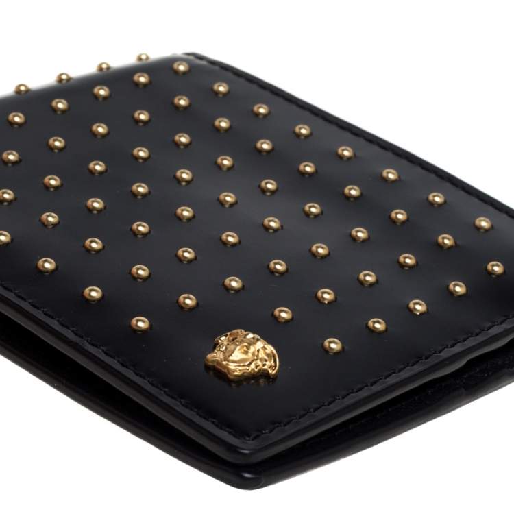Pre Owned Versace Black Studded Patent Leather Medusa Bifold Wallet