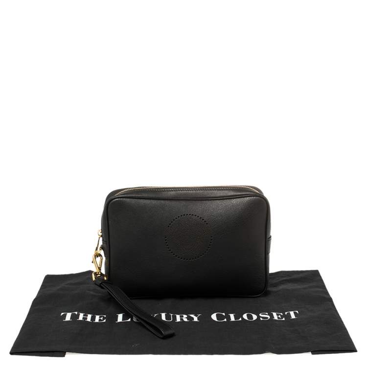 Pre Owned Versace Black Leather Perforated Medusa Wristlet Clutch