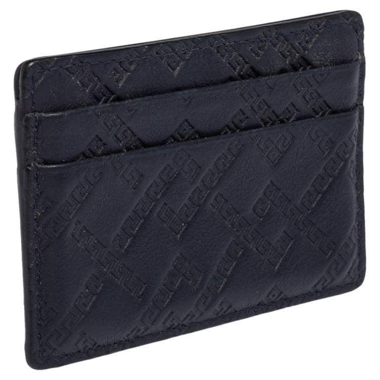 Pre Owned Versace Navy Blue Embossed Signature Leather Card Holder