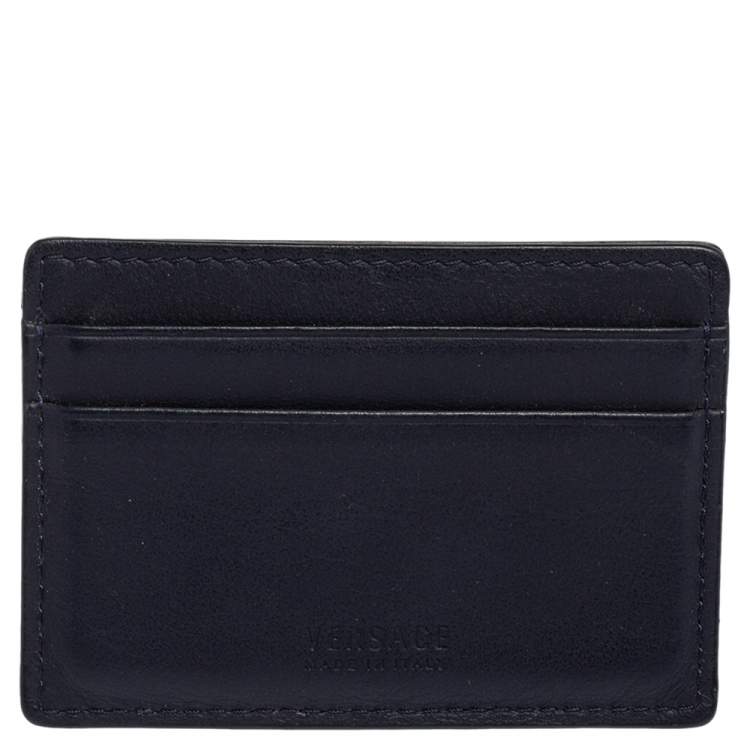 Pre Owned Versace Navy Blue Embossed Signature Leather Card Holder