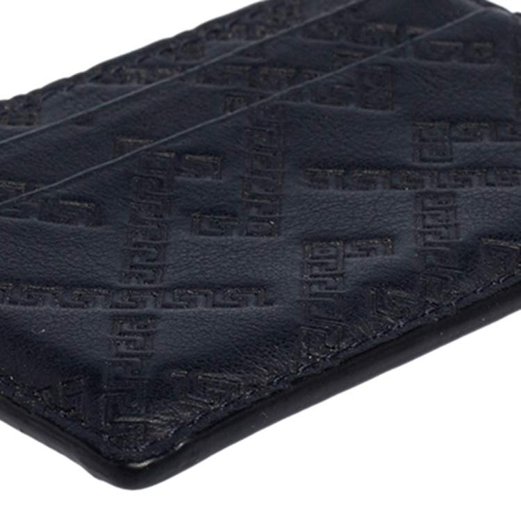 Pre Owned Versace Navy Blue Embossed Signature Leather Card Holder