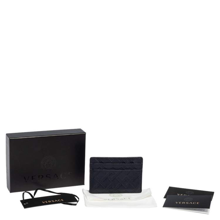 Pre Owned Versace Navy Blue Embossed Signature Leather Card Holder