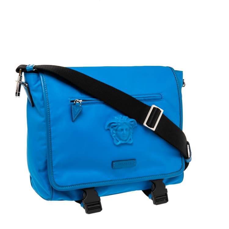 Pre Owned Versace Azure Blue Nylon La Medusa Messenger Bag