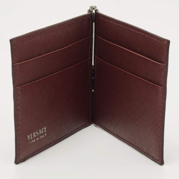 Pre Owned Versace Burgundy Leather Logo Monet Clip Wallet