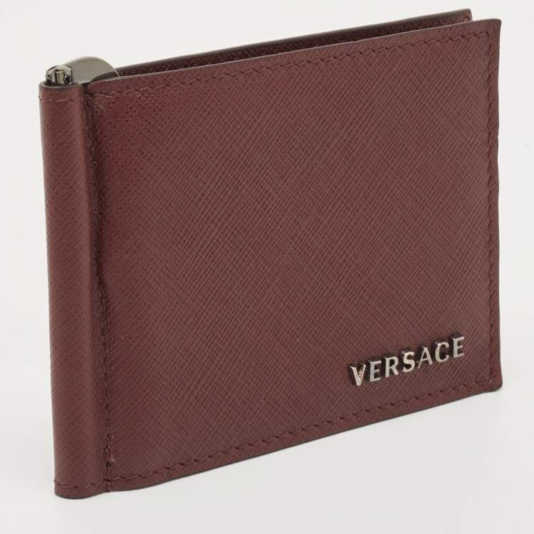 Pre Owned Versace Burgundy Leather Logo Monet Clip Wallet
