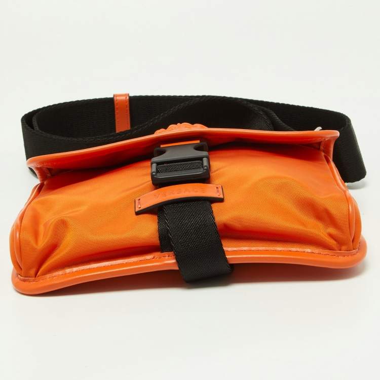 Pre Owned Versace Orange Nylon and Leather 'La Medusa' Messenger Bag