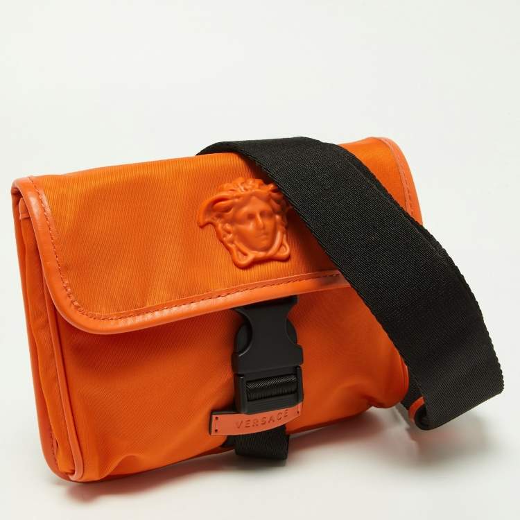 Pre Owned Versace Orange Nylon and Leather 'La Medusa' Messenger Bag