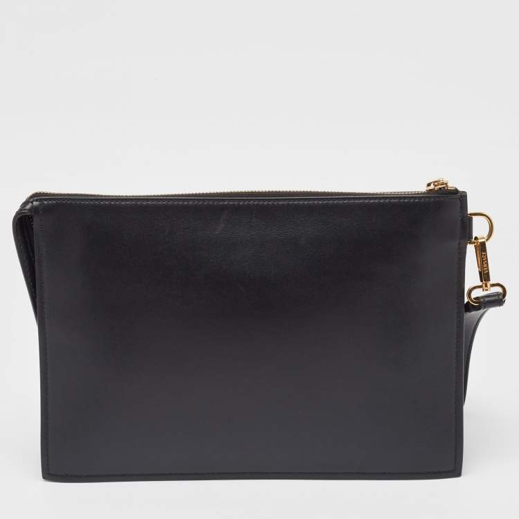 Pre Owned Versace Black Leather Logo Wristlet Zip Pouch