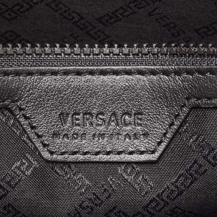 Pre Owned Versace Black Leather Logo Wristlet Zip Pouch