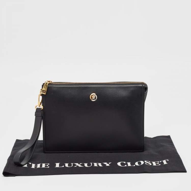 Pre Owned Versace Black Leather Logo Wristlet Zip Pouch