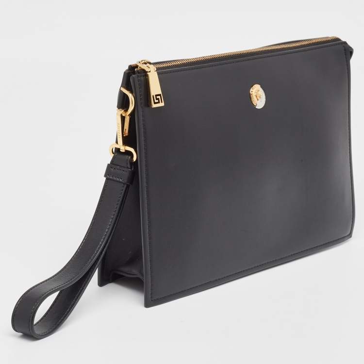 Pre Owned Versace Black Leather Logo Wristlet Zip Pouch