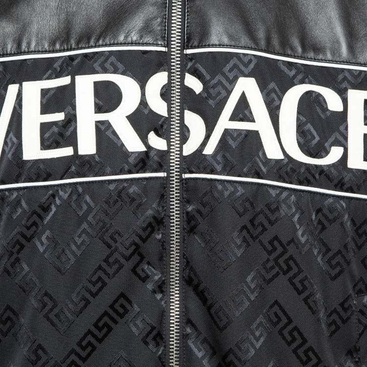 Pre Owned Versace Black Logo Applique Leather and Nylon Blouson Jacket L