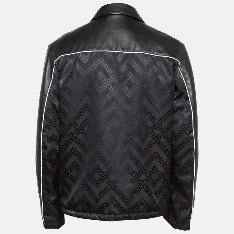 Pre Owned Versace Black Logo Applique Leather and Nylon Blouson Jacket L