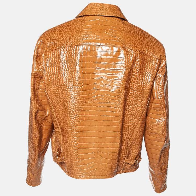 レザージャケット・コート [VERSACE] Embossed Crocodile-effect Jacket Versace Brown Crocodile Embossed Leather Jacket M Versace | TLC