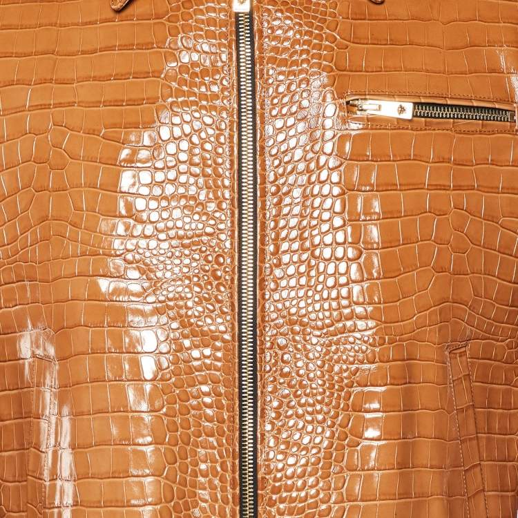 Pre Owned Versace Brown Crocodile Embossed Leather Jacket M