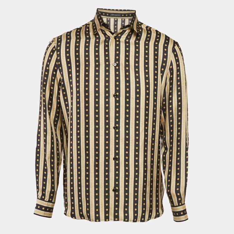 Pre Owned Versace Black & Gold Greca Strip Silk Button Front Shirt M