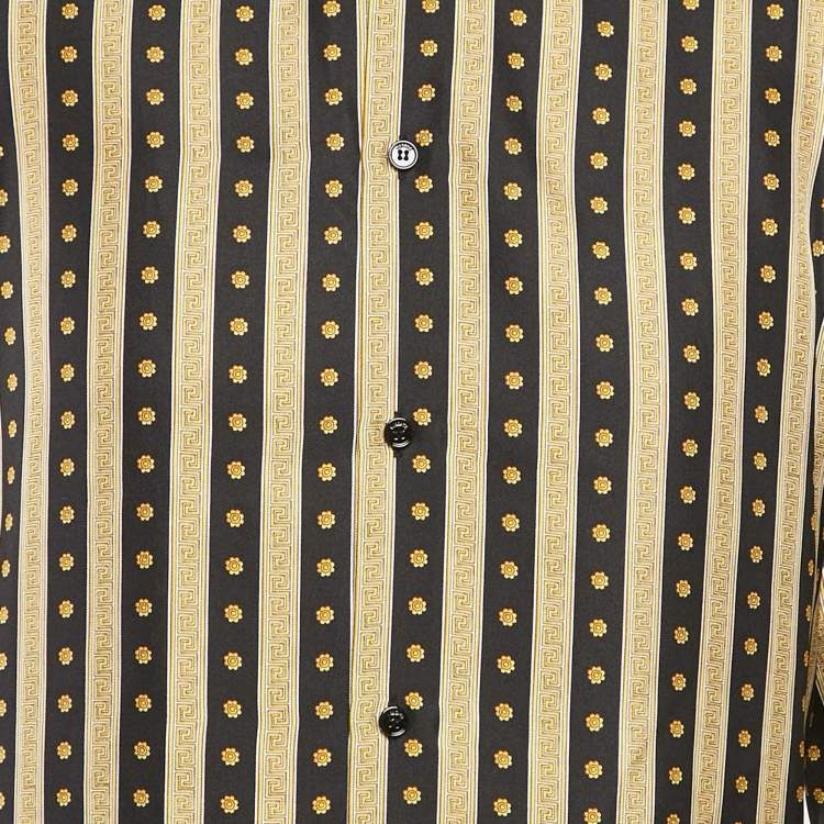 Pre Owned Versace Black & Gold Greca Strip Silk Button Front Shirt M