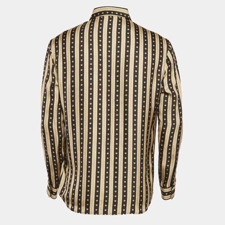 Pre Owned Versace Black & Gold Greca Strip Silk Button Front Shirt M
