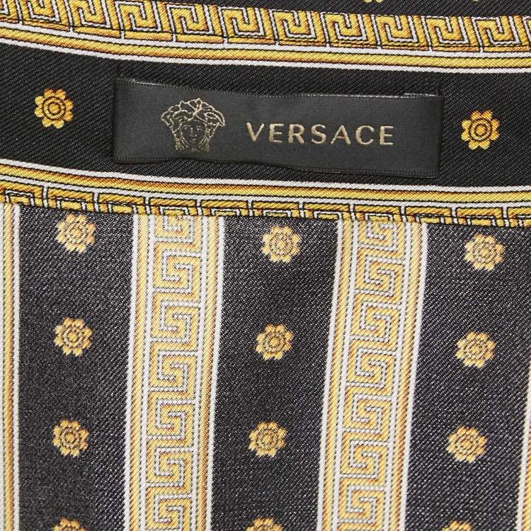 Pre Owned Versace Black & Gold Greca Strip Silk Button Front Shirt M