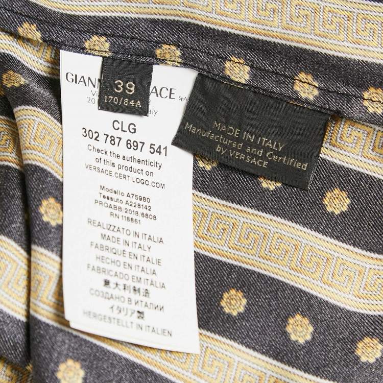 Pre Owned Versace Black & Gold Greca Strip Silk Button Front Shirt M