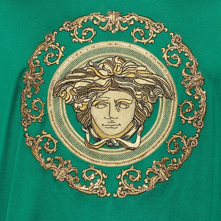 Pre Owned Versace Green Medusa Embellished Cotton T-Shirt L
