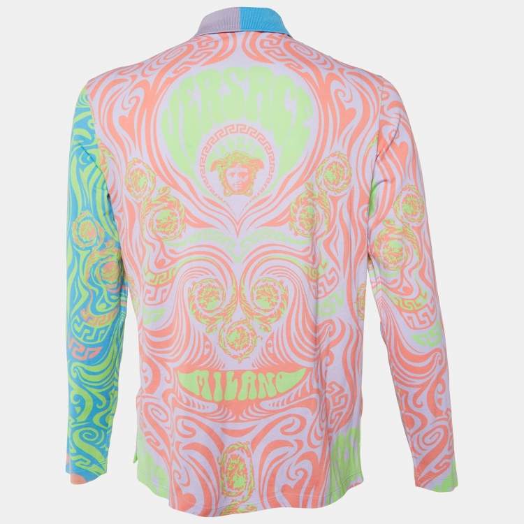 Pre Owned Versace Multicolor Psychedelic Print Cotton Taylor Fit Polo T-Shirt L