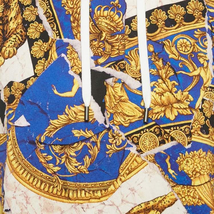 Pre Owned Versace Blue Baroque Print Cotton Knit Hoodie XL