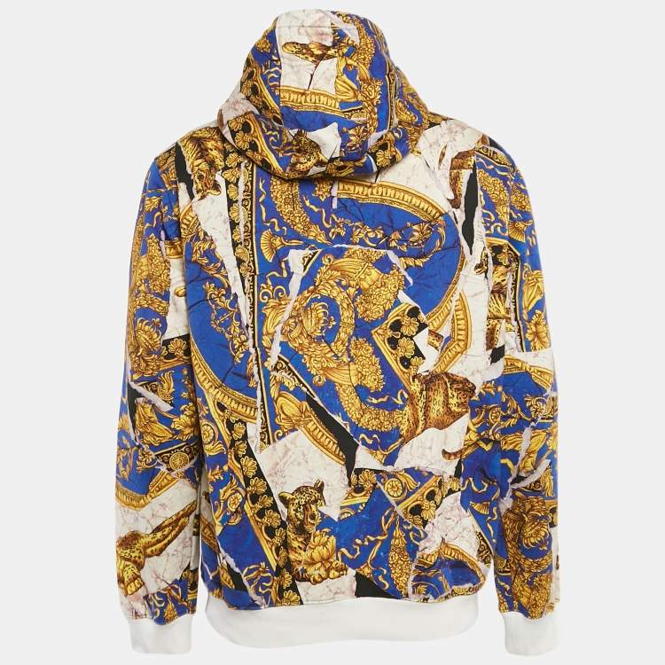 Pre Owned Versace Blue Baroque Print Cotton Knit Hoodie XL
