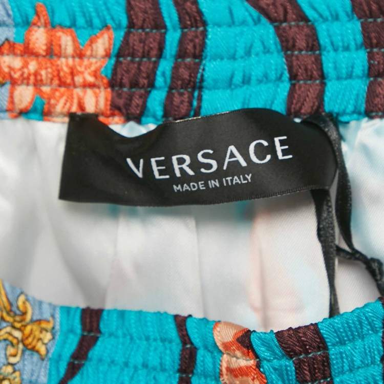 Pre Owned Versace Blue Acid Bouquet Print Silk Shorts XS