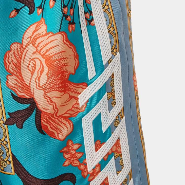 Pre Owned Versace Blue Acid Bouquet Print Silk Shorts XS