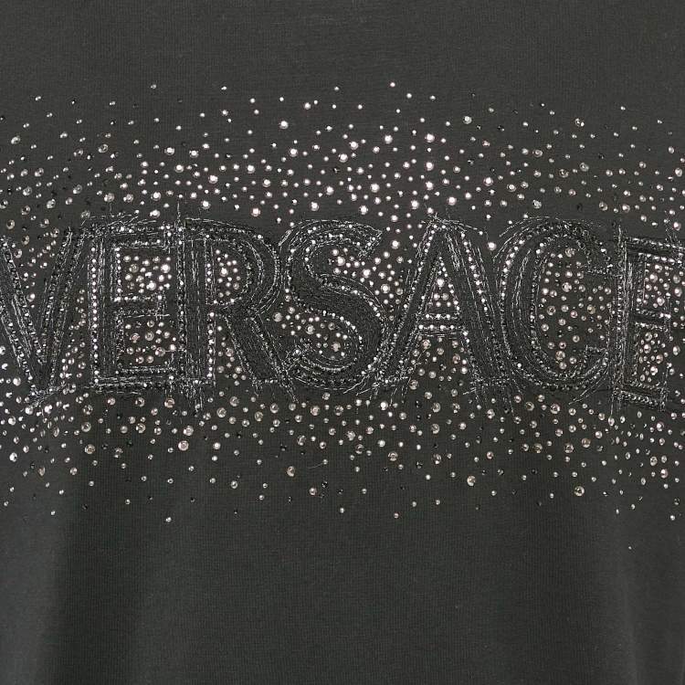 Pre Owned Versace Black Logo Studded Cotton Crew Neck T-Shirt L