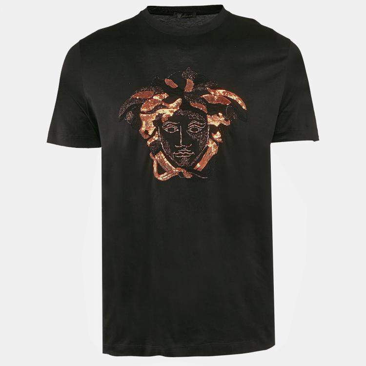 Pre Owned Versace Black Medusa Sequin Embroidery Jersey Crewneck T-Shirt L
